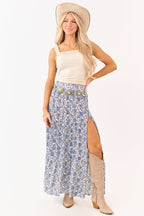 Floral Print Maxi Skirt – High Side Slit & Tiered Design