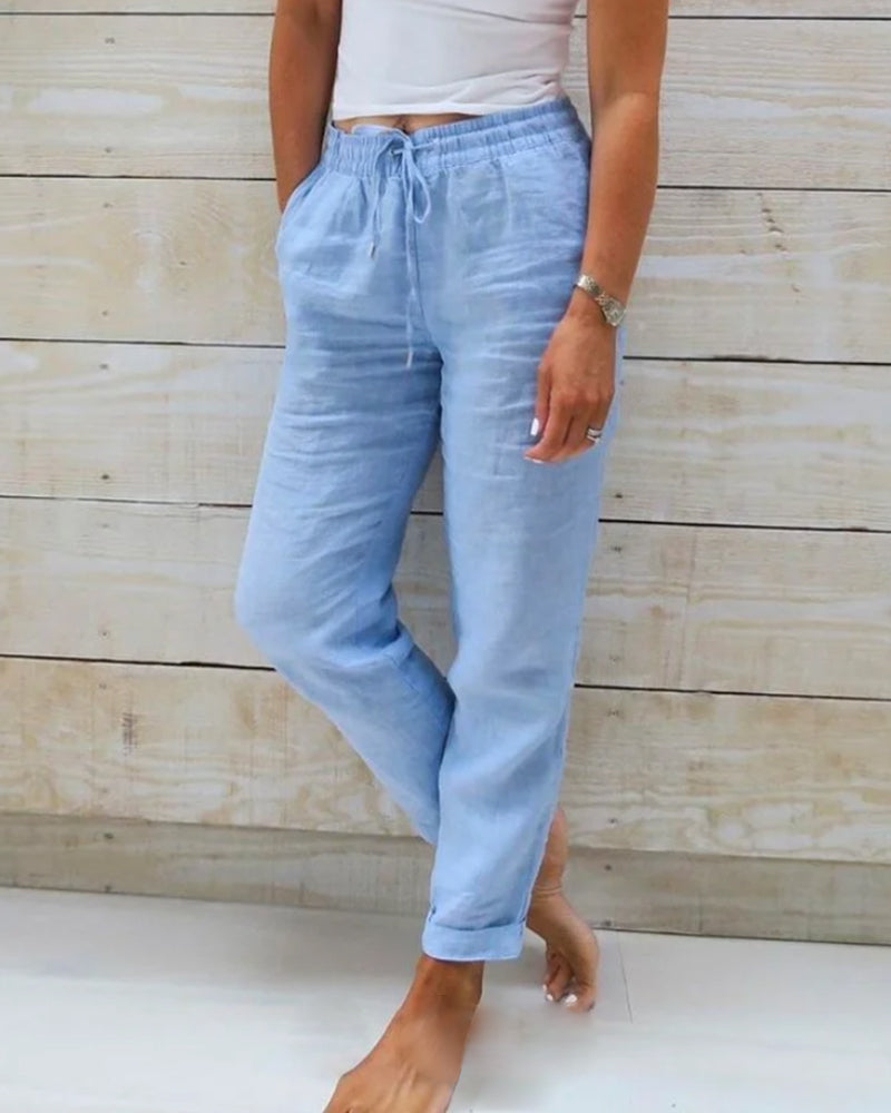 Lightweight White Linen Pants with Elastic