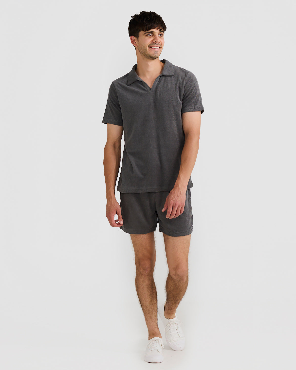 Men's Charcoal Terry Shorts with Relaxed Fit & Elastic Waistband