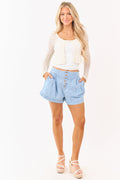 Women's Denim Shorts with Button Fly & Shirred Design
