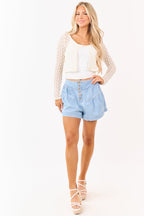 Women's Denim Shorts with Button Fly & Shirred Design