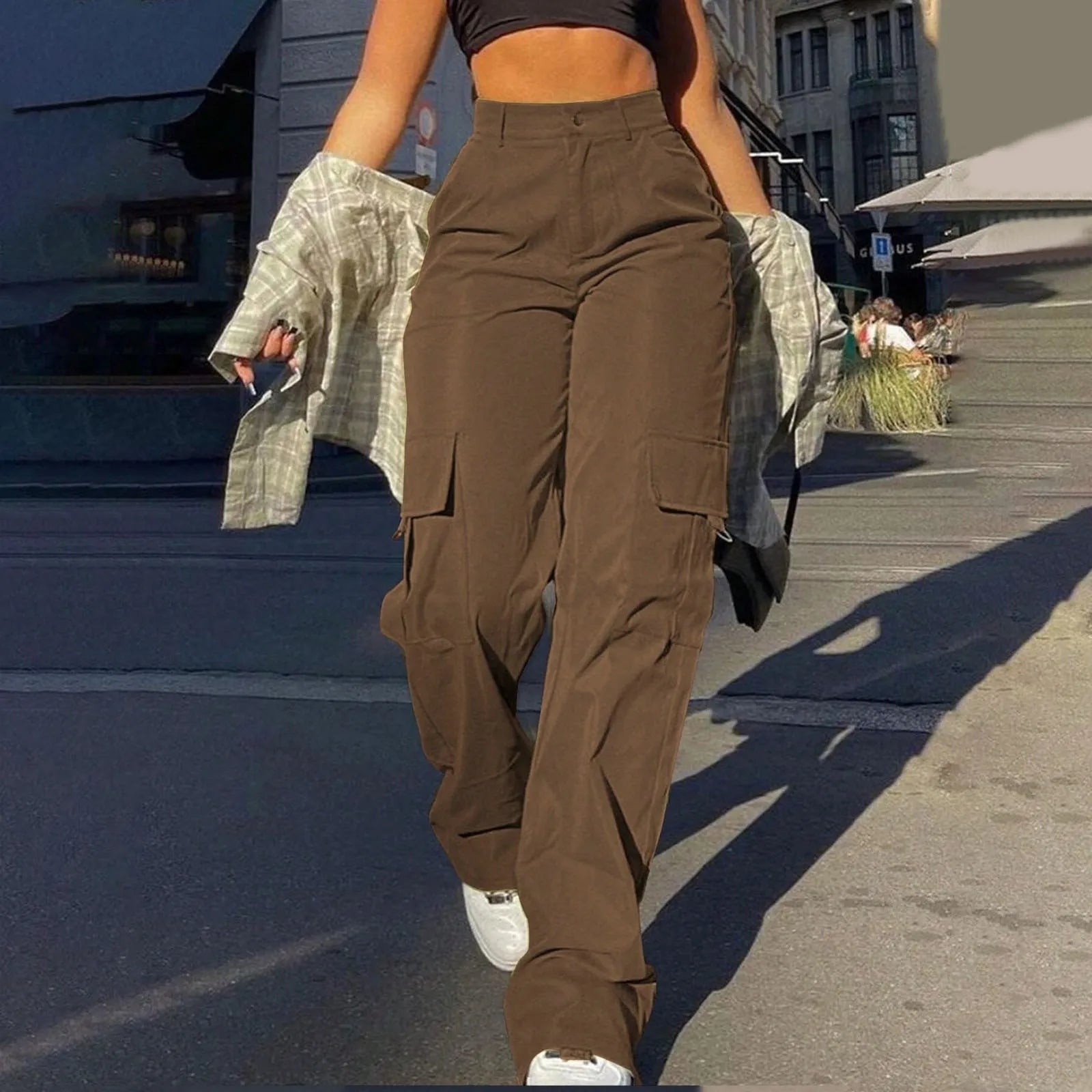 Women's Trousers with High-Waist & Multi-Pocket Design Stylish