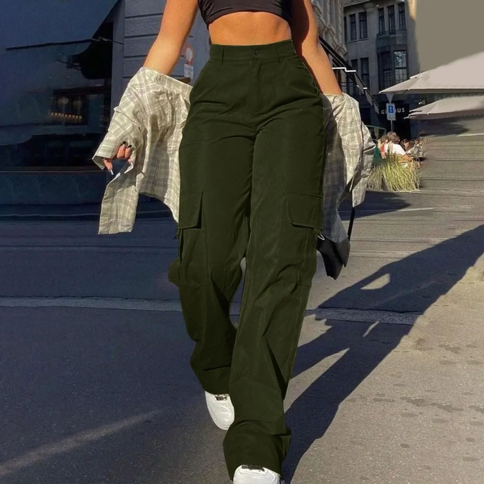 Women's Trousers with High-Waist & Multi-Pocket Design Stylish