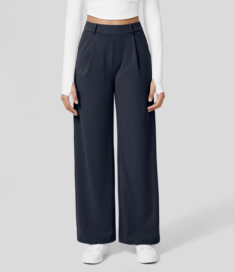 Women's Wide Leg Pants with Pleated Front High Waist Design for